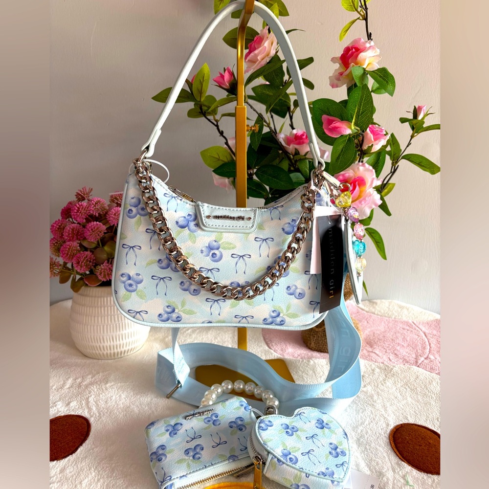 Madden Girl White and Light Blue Floral Crossbody Bag with Chain